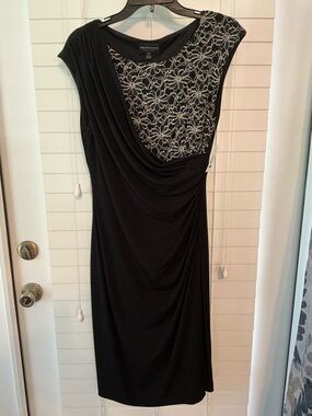 NWT Connected Apparel Black One-Shoulder Dress with Gold Lace Overlay